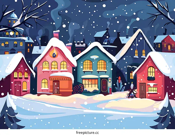 Snowy Night Town Winter Wonderland Illustration