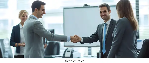 Businessmen Shaking Hands In Office Meeting