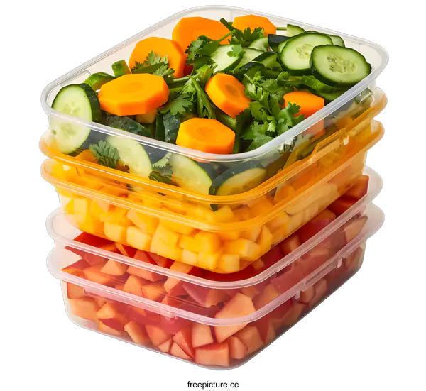 [Transparent Background PNG]Freshly Cut Fruit and Vegetable Salad in Plastic Containers