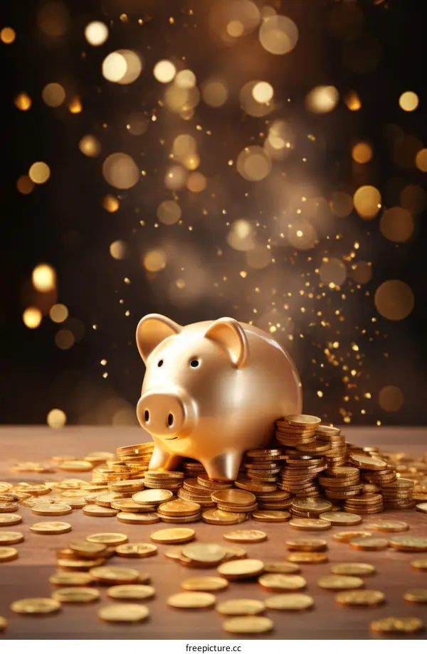 Golden Piggy Bank with Coins and Falling Gold Sparks