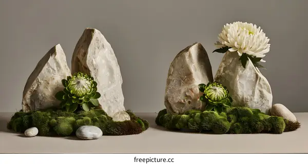 White Flowers in Stone Vases Surrounded by Moss and Stones