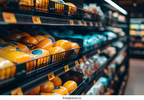 Close Up of Cheese on Shelves in Grocery Store