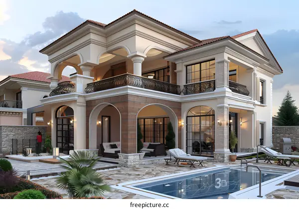 3D rendering of a luxury home with pool