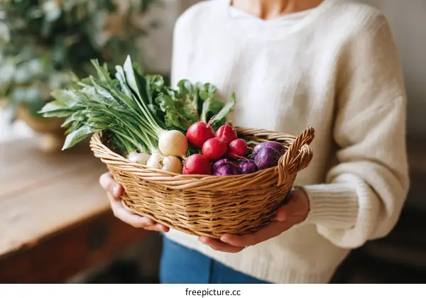 Fresh Vegetables in a Basket Held by a Woman
