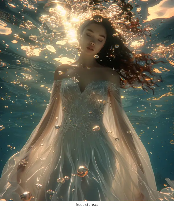 Ethereal Underwater Portrait of a Woman in a White Dress