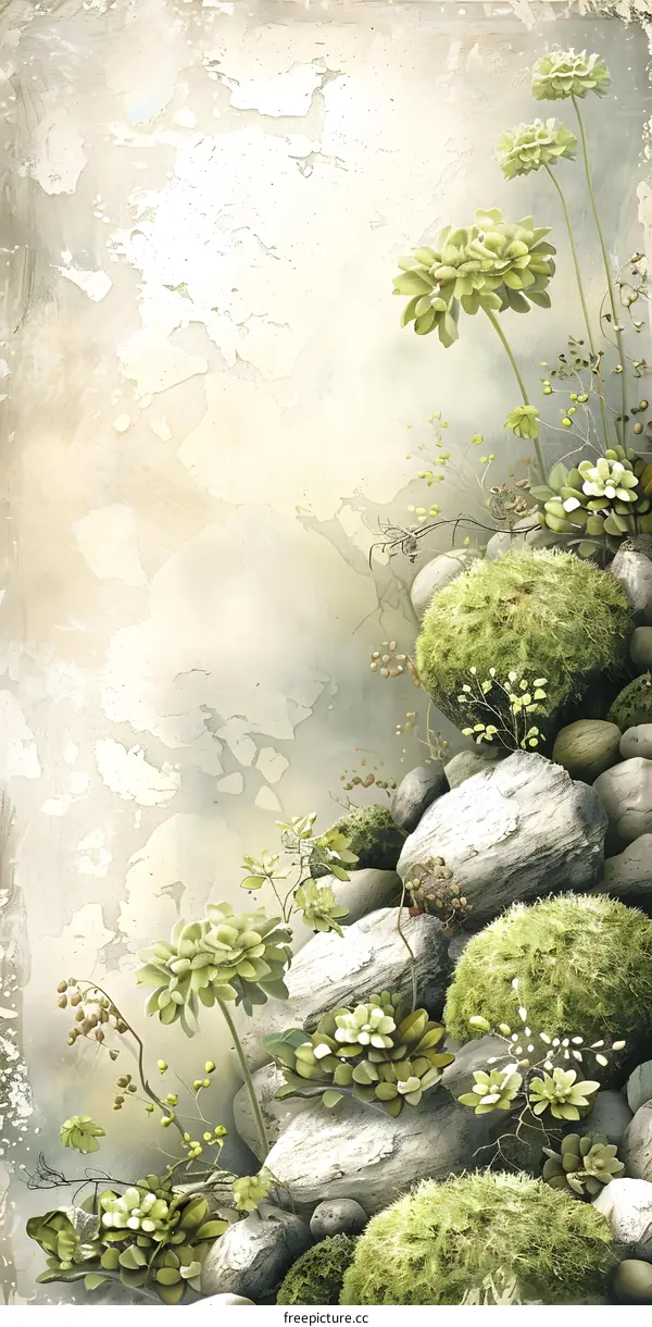 Watercolor Painting of Green Flowers and Rocks