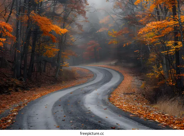 Winding Road Through Foggy Forest in Autumn