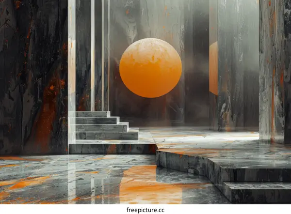 Surreal glowing orange sphere in a concrete room