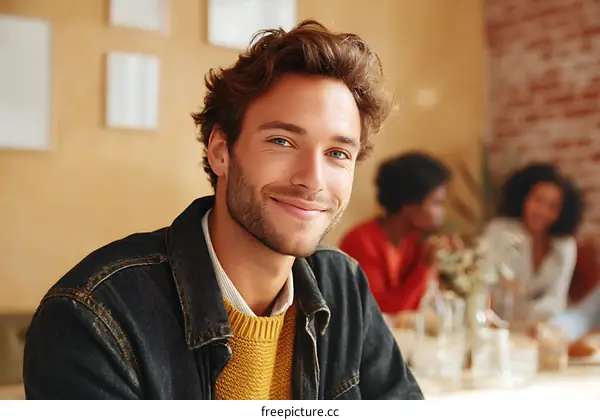 Smiling Man in a Cafe with Friends
