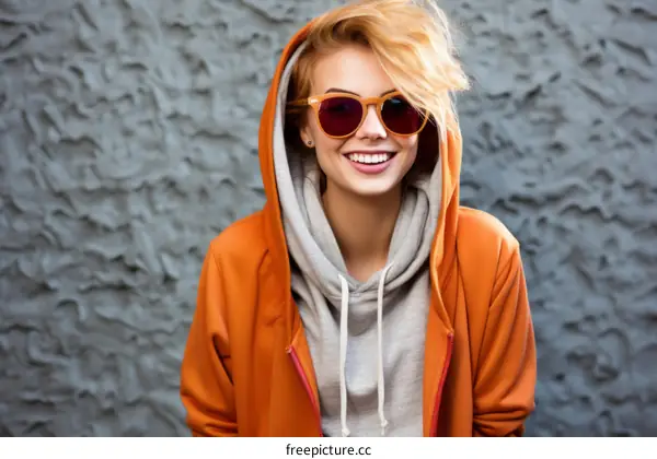 Smiling blonde woman in orange hoodie and sunglasses