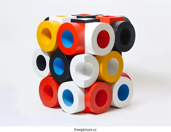 Abstract Colorful Wooden Sculpture with Circular Shapes