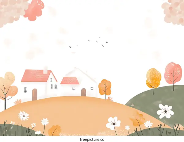 Cute Illustration of a Small Town with Houses and Trees