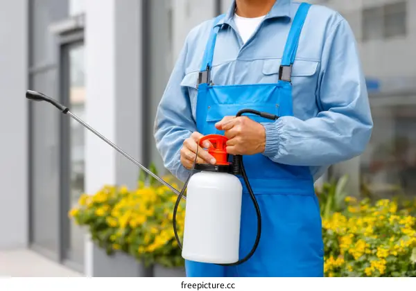 Worker spraying pesticide in urban area