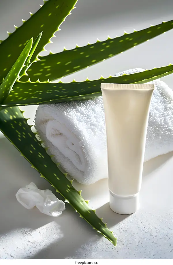 Aloe Vera Cream With White Towel On White Background