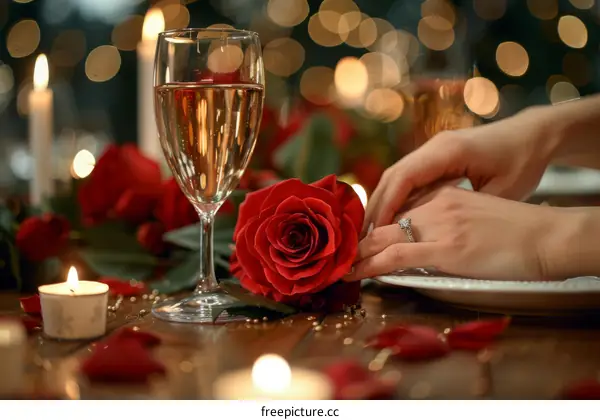 A romantic dinner table with a rose, wine, and candles for Valentine's Day