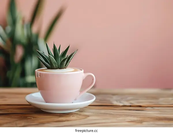 Pink Cup With Green Plant On Wooden Table