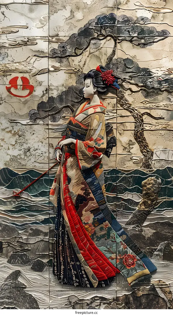 Japanese woman in traditional kimono with red and white plum blossom pattern standing near the pine tree with red circle background