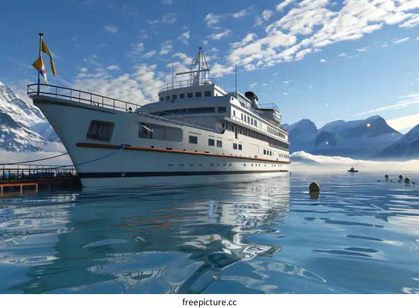 Luxury Yacht Docked in Snowy Mountains