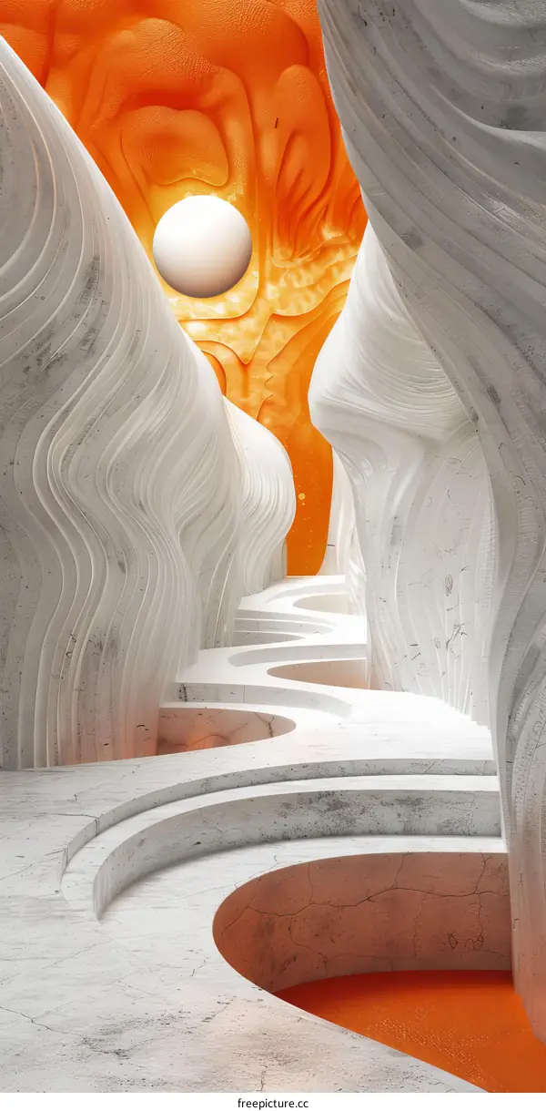 Futuristic white marble corridor with glowing orange light