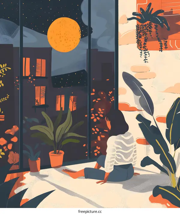 Woman Looking Out Window at Night with Full Moon