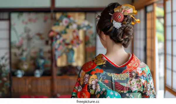 A woman wearing a kimono is standing in a traditional Japanese room.