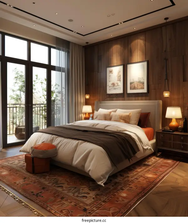 A Modern Bedroom with Wooden Accents
