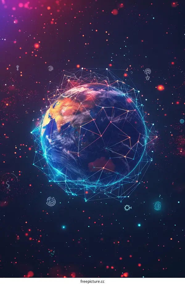 Global Network Illustration: Earth Connected by Glowing Lines