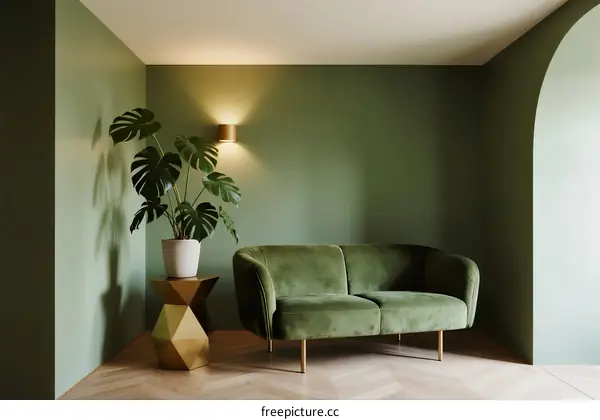 Cozy green living room with sofa and indoor plant
