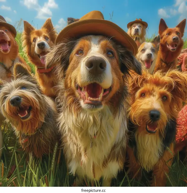 A group of dogs wearing hats are posing for a photo