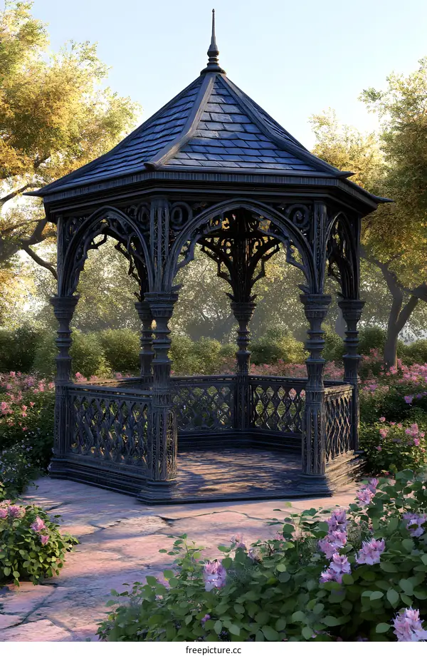 Ornate Black Iron Gazebo with Stone Floor in Garden Setting