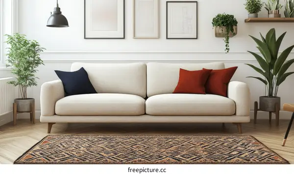 Beige Sofa and Brown Geometric Rug Living Room Decor