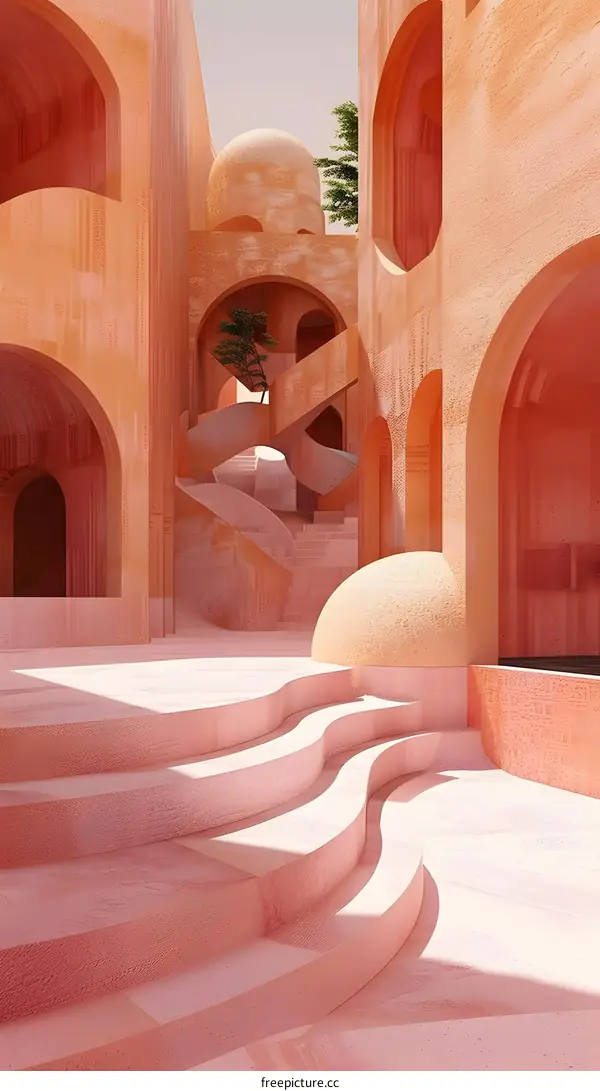 Abstract Pink Architectural Structure With Arched Windows And Curved Stairs