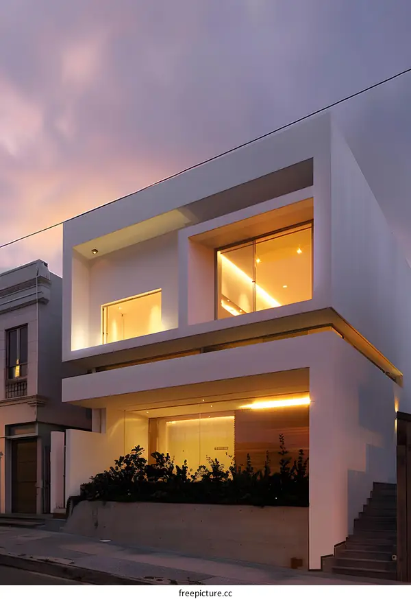 Modern White House with Large Windows and Minimalist Design