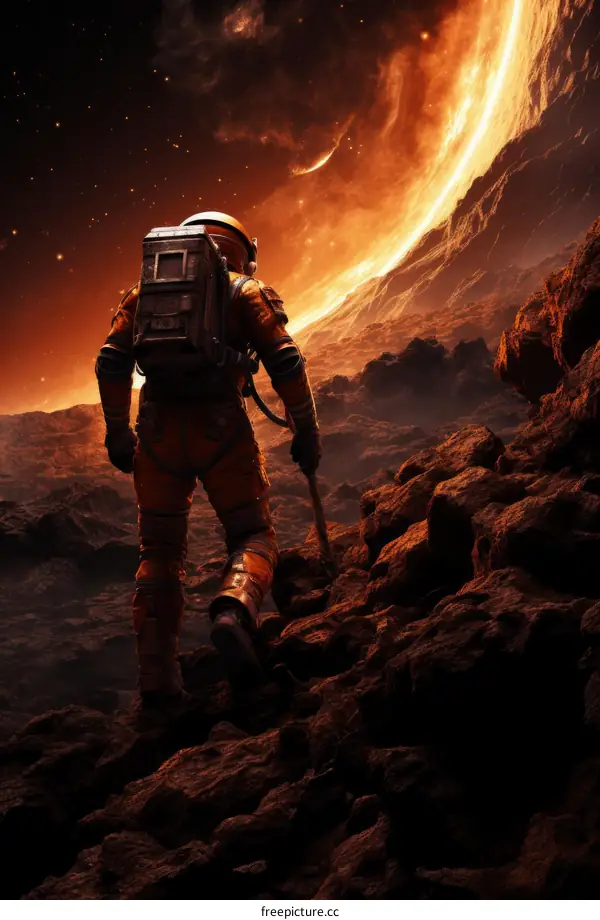 An Astronaut in an Orange Spacesuit Explores a Rocky Alien Landscape with Glowing Moon in Background