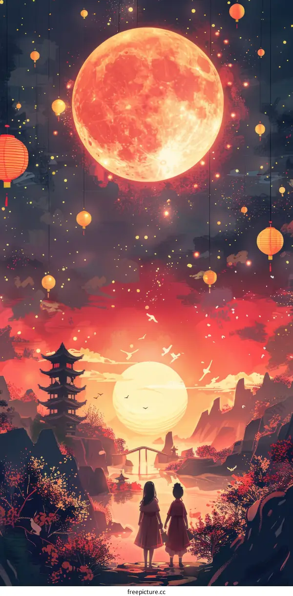 Couple Gazing at the Red Moon Over a Chinese Landscape