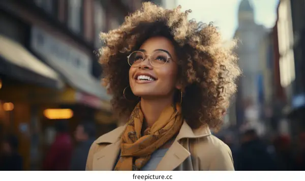 A young woman with curly hair is smiling.