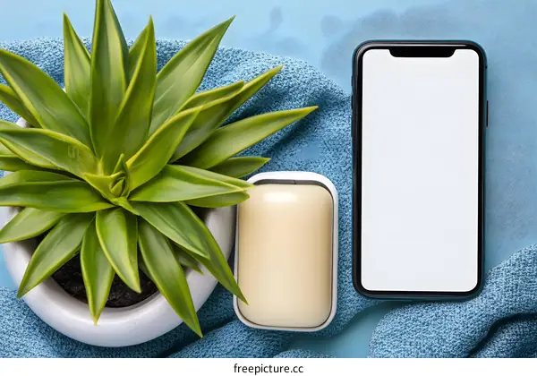 Green Plant, Bar of Soap and Blank Smartphone Screen on a Blue Towel