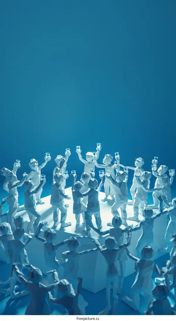3D illustration of a large group of people on a podium celebrating with drinks