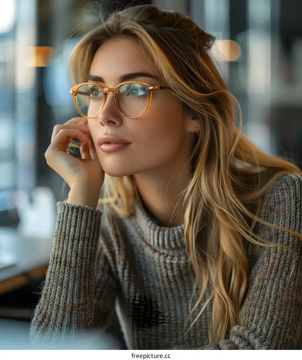 Blonde Woman in Glasses Thinking, Pensive Look