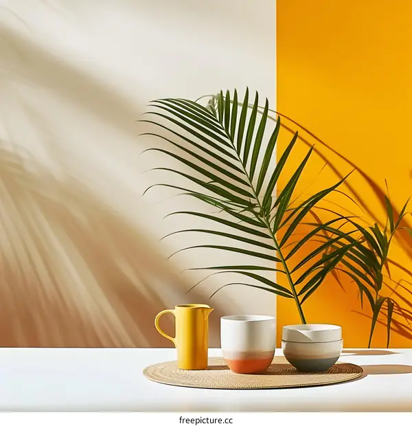 Minimalist Home Decor with Palm Leaf and Ceramic Vessels