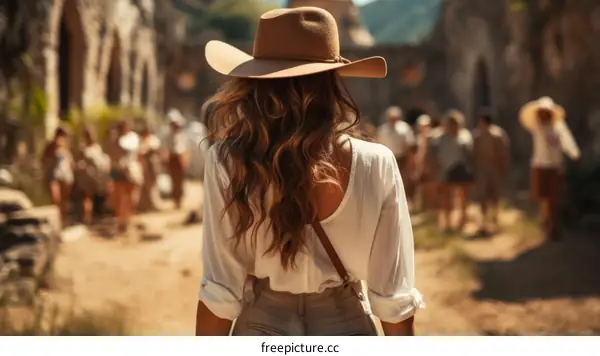 woman in a brown hat standing in front of a group of people