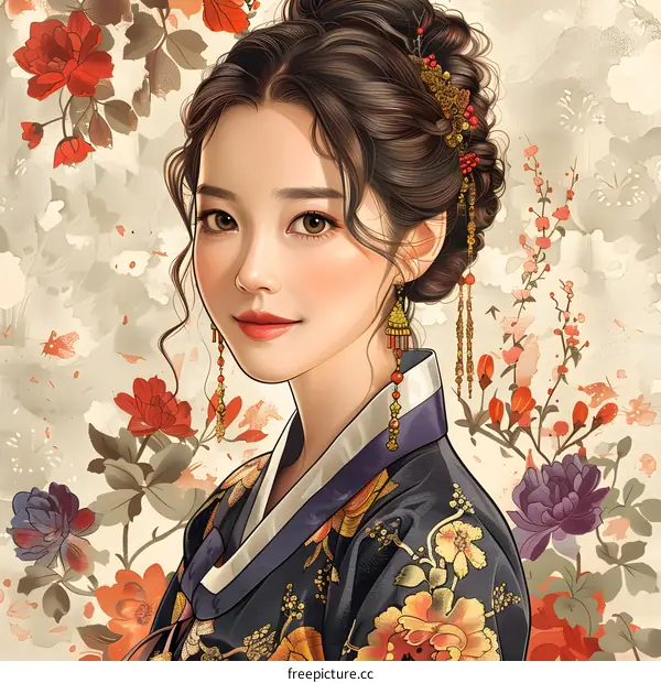 A beautiful illustration of a Korean woman in traditional dress