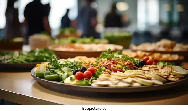 A table full of delicious food including salads, vegetables, and crackers