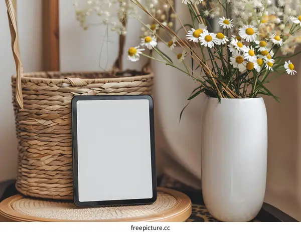 White Tablet On Wooden Table With Vase And Basket