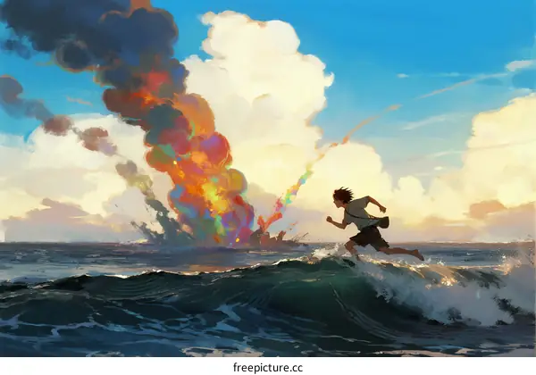 Man Running on Waves with Explosion in Sky During Sunset