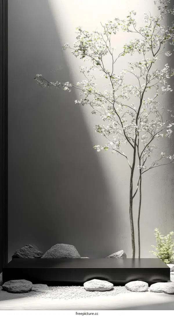 Modern Minimalist Product Display with Stones and Tree