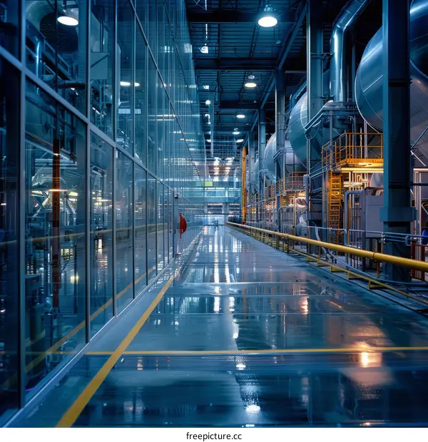 Interior View of a Modern Industrial Building with Glass Facade and High-Gloss Tiled Flooring