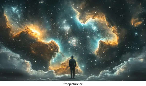 A Solitary Figure Gazing at the Cosmic Nebula