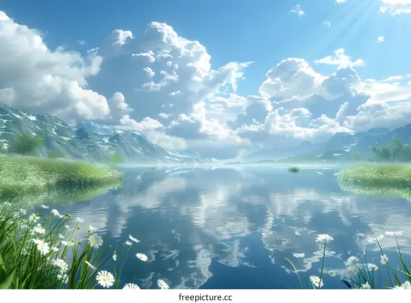 Mountains and lake landscape with white flowers in the foreground