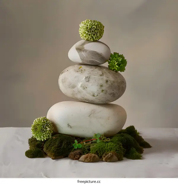 Stone Stack with Moss and Green Plants